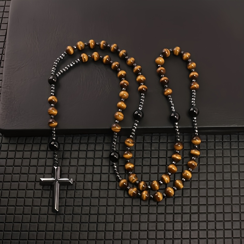 Blue Tiger Eye Cross Pendant Necklace, Unisex